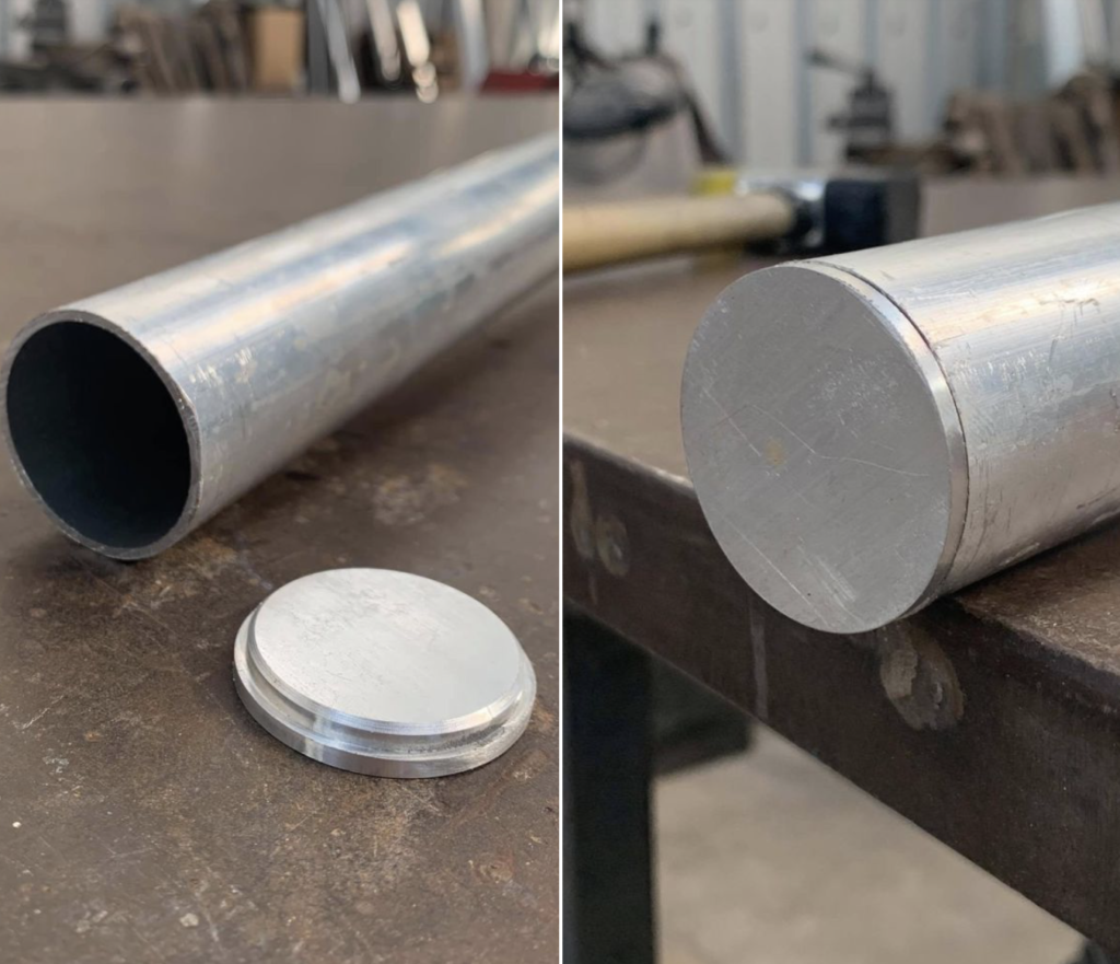 Round aluminum tube shown before and after fitting an end cap.