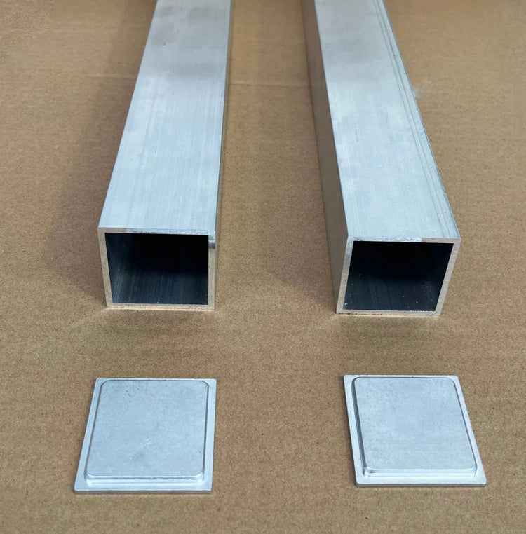 Two square aluminum tubes with matching square aluminum end caps to fit