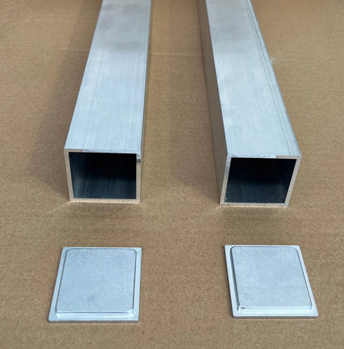 Two square aluminum tubes with matching square aluminum end caps to fit