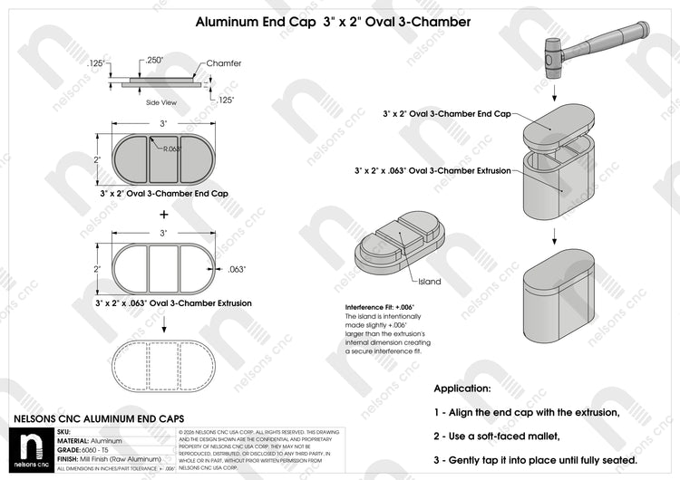 3" x 2" Oval 3-Chamber end cap application drawing