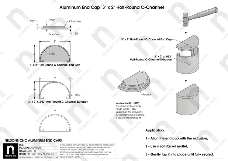 3" x 2" Half-Round C-Channel end cap application drawing