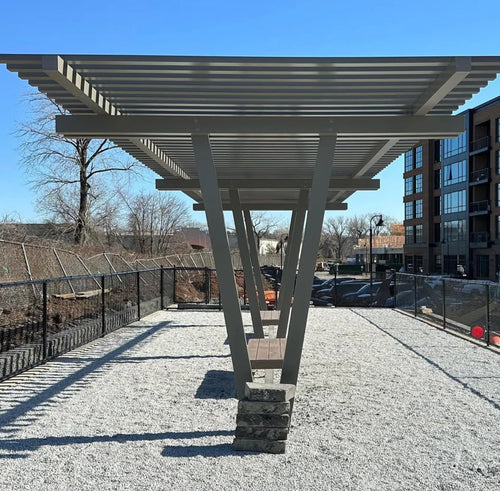 Aluminum pergola structure built with square aluminum sections with all ends squared with interference fit aluminum end caps